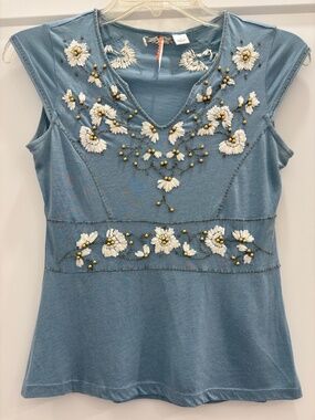 RIC RAC Blue Top Embellished with Gold Balls and Beading with White Flowers; XS